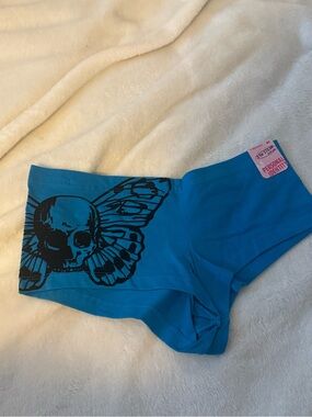 Women's Blue Boyshorts with Black Skull & Butterfly Graphic